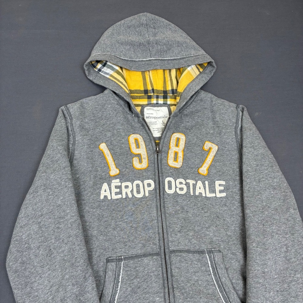 Y2K Aeropostale Gray Full Zip Yellow Plaid Lined Hoodie Women's Size Small